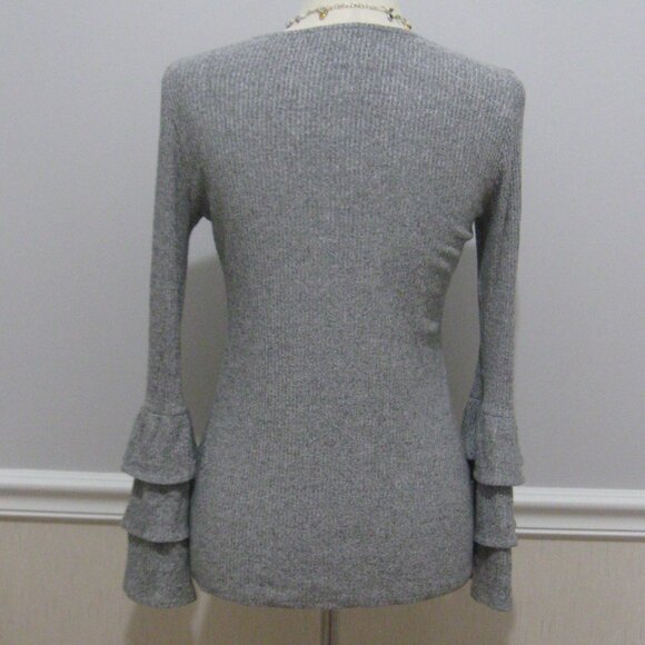 WHBM Ruffled Cuff Long Sleeve Stretch Knit Top sz XS Gray - Picture 6 of 10